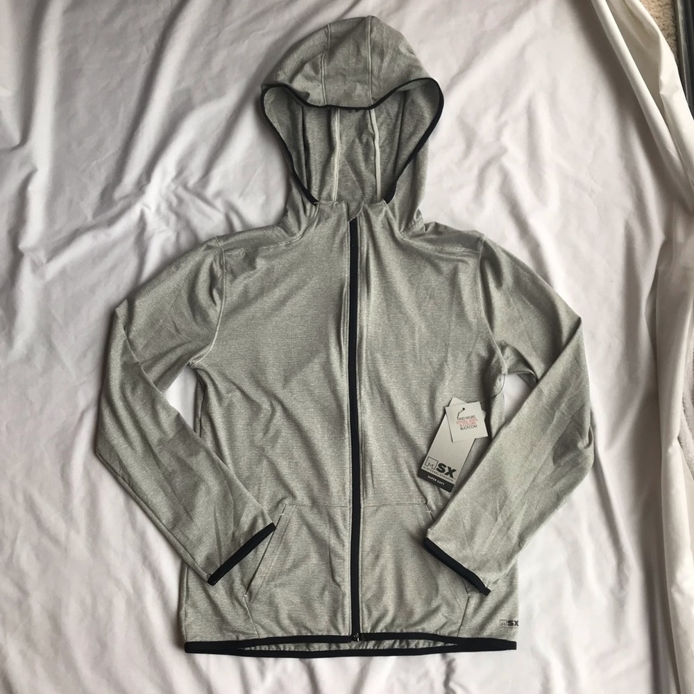 MSX Michael Strahan Womens L Hoodie Full Zip Up Sweatshirt Striped Gray Heather